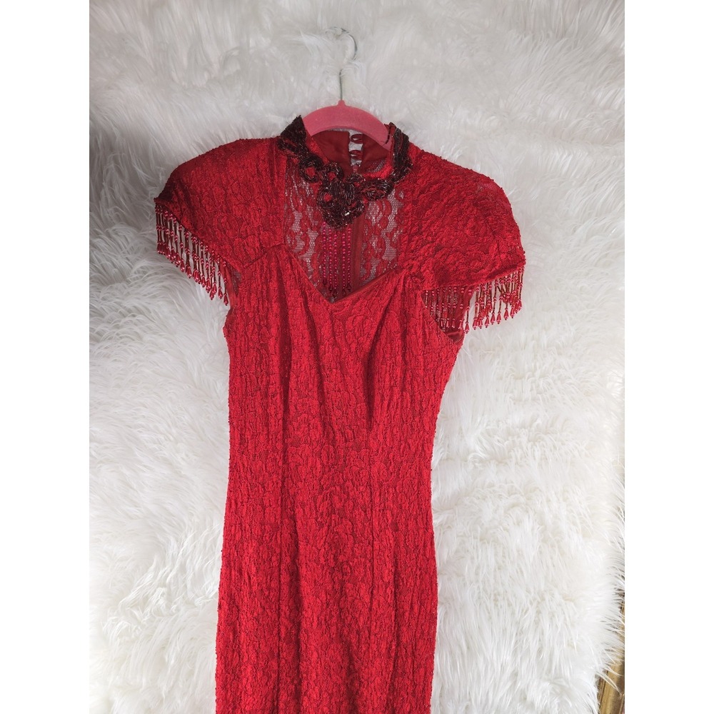 Vintage Retro 70's Womens Red Dress Prom gown Dollar USA Small Sequin Beads